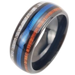 ***COI Black Tungsten Carbide Deer Antler Wood & Blue Wire Ring-00434AA