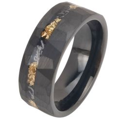 ***COI Black Tungsten Carbide Meteorite Gold Foil & Hammered Ring-00437AA