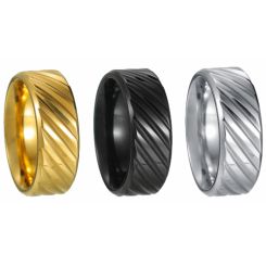***COI Titanium Black/Gold Tone/Silver Diagonal Grooves Beveled Edges Ring-00447AA