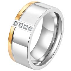 ***COI Titanium Gold Tone Silver Offset Groove Ring With Cubic Zirconia-00467AA
