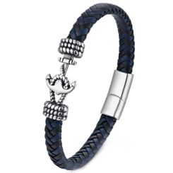 ***COI Titanium Black Silver Anchor Genuine Leather Bracelet With Steel Clasp(Length: 9.06 inches)-00490AA