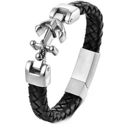 ***COI Titanium Anchor Genuine Leather Bracelet With Steel Clasp(Length: 9.06 inches)-00491AA