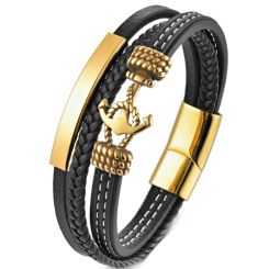 ***COI Gold Tone Titanium Anchor Genuine Leather Bracelet With Steel Clasp(Length: 9.06 inches)-00492AA