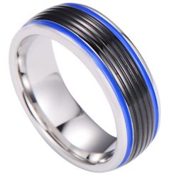 ***COI Tungsten Carbide Black Blue Grooves Ring-00499AA