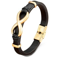 ***COI Gold Tone Titanium Infinity Genuine Leather Bracelet With Steel Clasp(Length: 9.06 inches)-00504AA