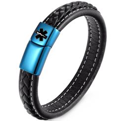 ***COI Blue Titanium Medical Alert Genuine Leather Bracelet With Steel Clasp(Length: 9.06 inches)-00505AA