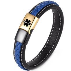 ***COI Titanium Black Gold Tone Medical Alert Genuine Leather Bracelet With Steel Clasp(Length: 9.06 inches)-00506AA