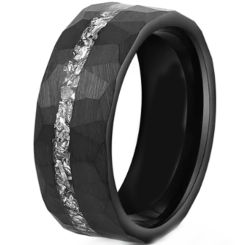 ***COI Black Tungsten Carbide Hammered Ring With Meteorite-00508AA