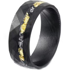 ***COI Black Tungsten Carbide Damascus Ring With Gold Foil & Meteorite-00509AA