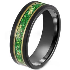 ***COI Tungsten Carbide Black Gold Tone Double Grooves Ring With Gold Foil & Created Emerald-00510AA