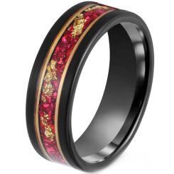 ***COI Tungsten Carbide Black Gold Tone Double Grooves Ring With Gold Foil & Created Ruby-00511AA