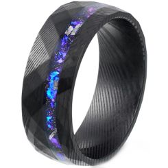 ***COI Black Tungsten Carbide Damascus Ring With Meteorite & Blue Crushed Opal-00512AA