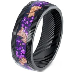 ***COI Black Tungsten Carbide Damascus Ring With Gold Foil & Amethyst-00513AA