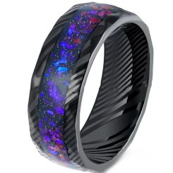 ***COI Black Tungsten Carbide Damascus Ring With Meteorite & Crushed Opal-00514AA