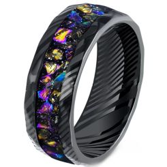 ***COI Black Tungsten Carbide Damascus Ring With Meteorite & Crushed Opal-00515AA
