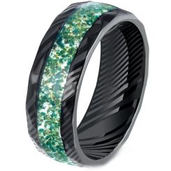 ***COI Black Tungsten Carbide Damascus Ring With Created Green Emerald-00516AA