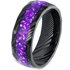 ***COI Black Tungsten Carbide Damascus Ring With Purple Amethyst-00517AA