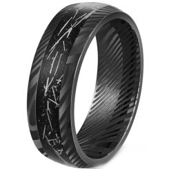 ***COI Black Tungsten Carbide Damascus Ring With Meteorite-00521AA