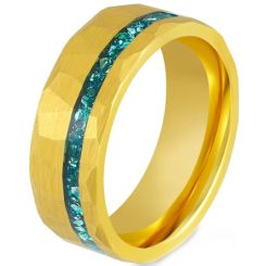 ***COI Gold Tone Tungsten Carbide Hammered Ring With Blue Topaz-00525AA