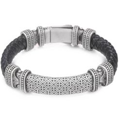 ***COI Titanium Black Silver Cross Genuine Leather Bracelet With Steel Clasp(Length: 8.46 inches)-00532AA