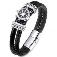 ***COI Titanium Ship’s Steering Wheel Genuine Leather Bracelet With Steel Clasp(Length: 8.27 inches)-00533AA