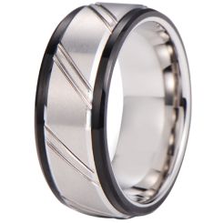 ***COI Tungsten Carbide Black Silver Diagonal Grooves Step Edges Ring-00535AA