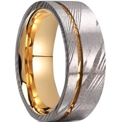 ***COI Tungsten Carbide Gold Tone Silver Offset Groove Damascus Ring-00538AA