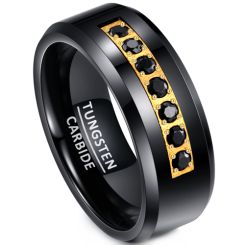 ***COI Tungsten Carbide Black Gold Tone Ring With Cubic Zirconia-00540AA