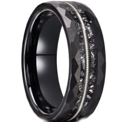 ***COI Black Tungsten Carbide Faceted Ring With Wire & Meteorite-00542AA