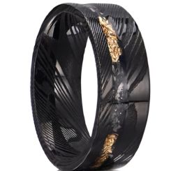 ***COI Black Tungsten Carbide Damascus Ring With Gold Foil & Meteorite-00543AA