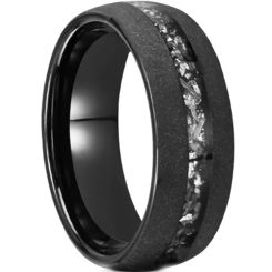 ***COI Black Tungsten Carbide Sandblasted Dome Court Ring With Meteorite-00545AA