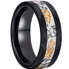 ***COI Black Tungsten Carbide White Ceramic & Gold Foil Beveled Edges Ring-00552AA