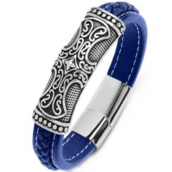 ***COI Titanium Black Silver Cross Genuine Leather Bracelet With Steel Clasp(Length: 9.05 inches)-00556AA