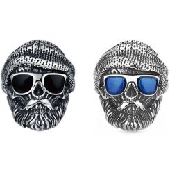 ***COI Titanium Black Silver Skull Ring With Created Blue Sapphire/Black Onyx-00569AA