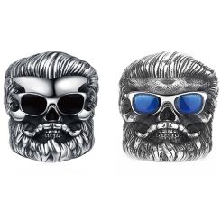 ***COI Titanium Black Silver Skull Ring With Created Blue Sapphire/Black Onyx-00570AA