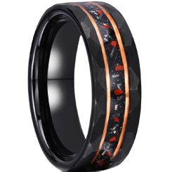***COI Tungsten Carbide Black Rose Double Grooves Faceted Ring With Created Red Ruby & Meteorite-00575AA