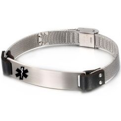 ***COI Titanium Black/Gold Tone/Silver Medical Alert Genuine Leather Bracelet With Stainless Steel Clasp(Length: 9.84 inches)-00579AA
