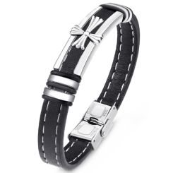 ***COI Titanium Cross Genuine Leather Bracelet With Steel Clasp(Length: 8.27 inches)-00587AA