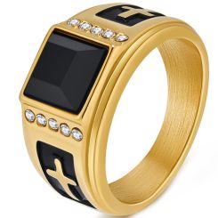 ***COI Titanium Black/Gold Tone/Silver Black Cross Ring With Cubic Zirconia & Black Onyx-00596AA