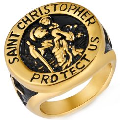 ***COI Titanium Black/Gold Tone/Silver Black Saint Christopher Protect Us Ring-00599AA