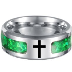 ***COI Titanium Beveled Edges Cross/Masonic Ring With Crushed Opal-00602AA