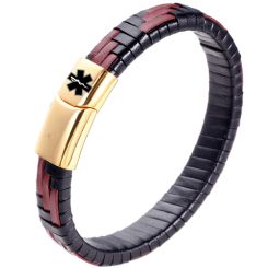 ***COI Titanium Black/Gold Tone/Silver Medical Alert Genuine Leather Bracelet With Steel Clasp(Length: 8.27 inches)-00610AA