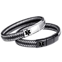 ***COI Titanium Black/Silver Medical Alert Genuine Leather Bracelet With Steel Clasp(Length: 8.27 inches)-00612AA