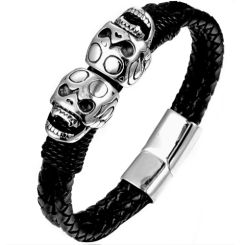 ***COI Titanium Black Silver Skull Genuine Leather Bracelet With Steel Clasp(Length: 8.07 inches)-00613AA