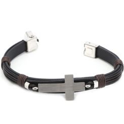 ***COI Titanium Cross Genuine Leather Bracelet With Steel Clasp(Length: 8.27 inches)-00616AA