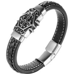 ***COI Titanium Black Silver Cross Celtic Genuine Leather Bracelet With Steel Clasp(Length: 8.27 inches)-00617AA
