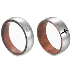 ***COI Titanium Masonic Freemason/Cross Dome Court Ring With Wood-00619AA