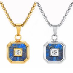 ***COI Titanium Gold Tone/Silver Lapis Lazuli Pendant With Cubic Zirconia-00633AA