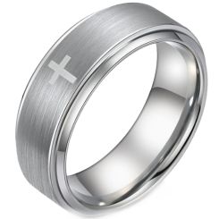 ***COI Tungsten Carbide Black/Silver Cross Step Edges Ring-00649AA