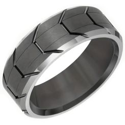 ***COI Titanium Black Silver Grooves Beveled Edges Ring-00654AA